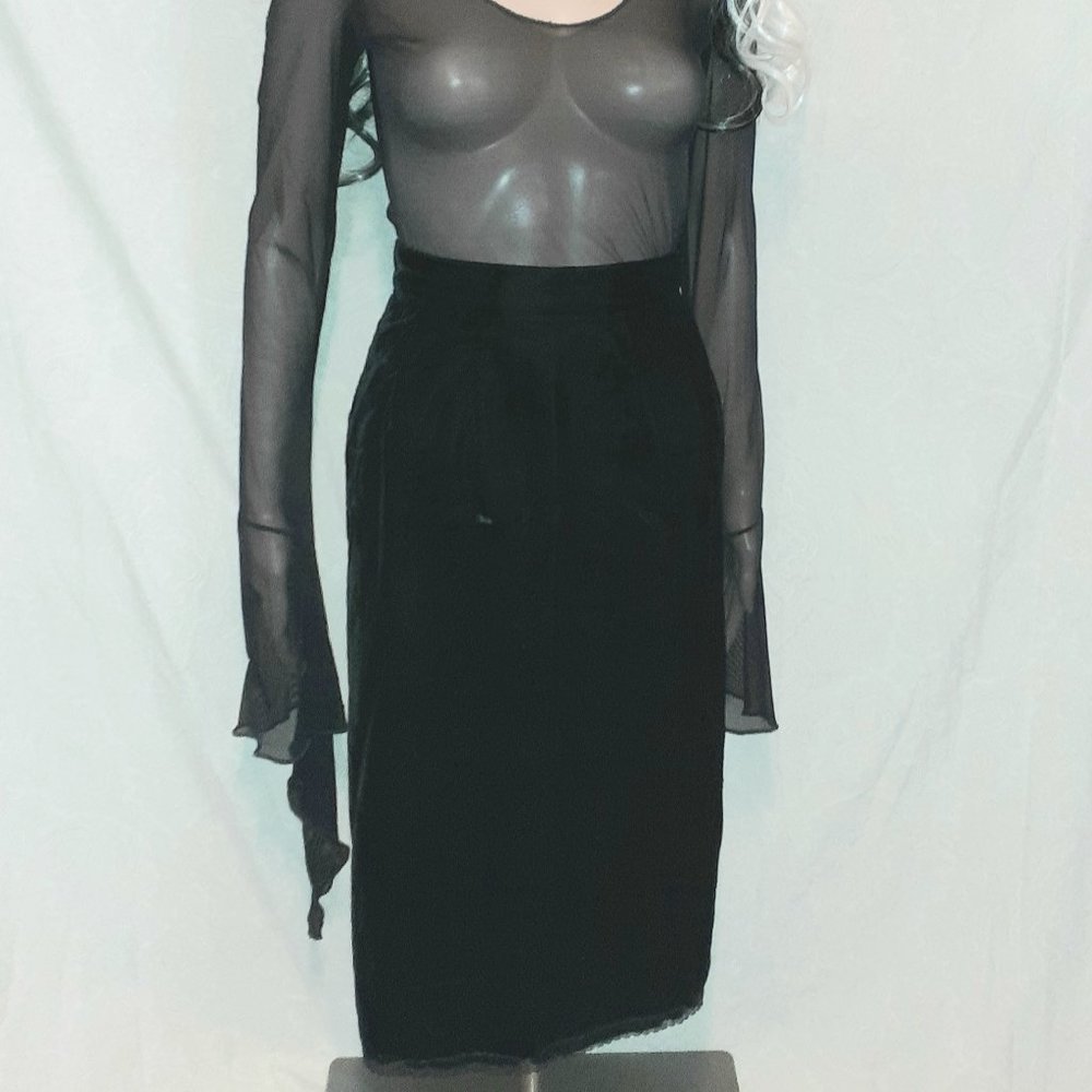 vintage 80s high waist high rise black velvet pencil skirt